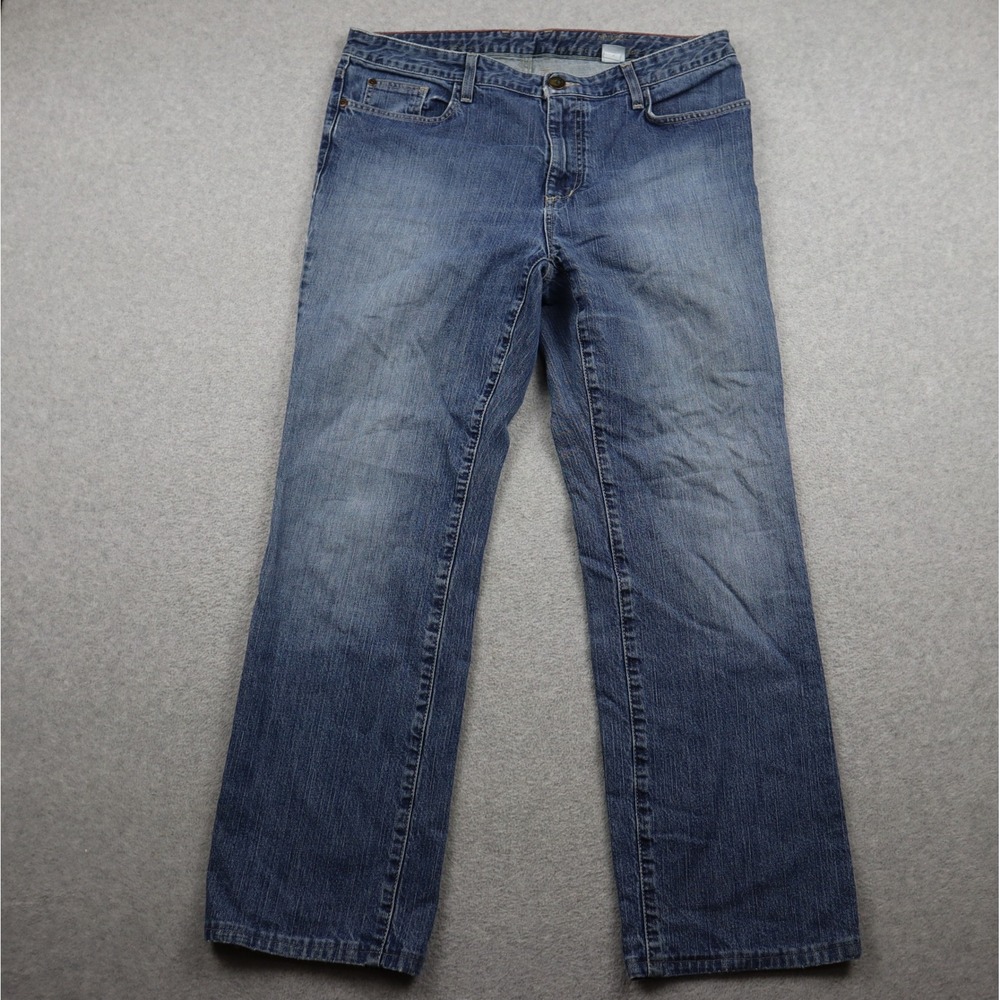 Eddie Bauer Jeans Womens 14 Straight Leg Blue Embroidered Pockets Stretch Denim